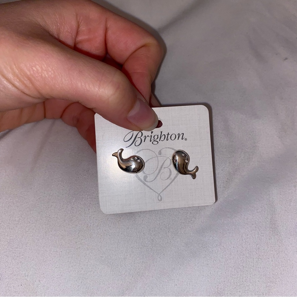 Brighton sterling silver whale earrings with 3 crystal jewels in each one